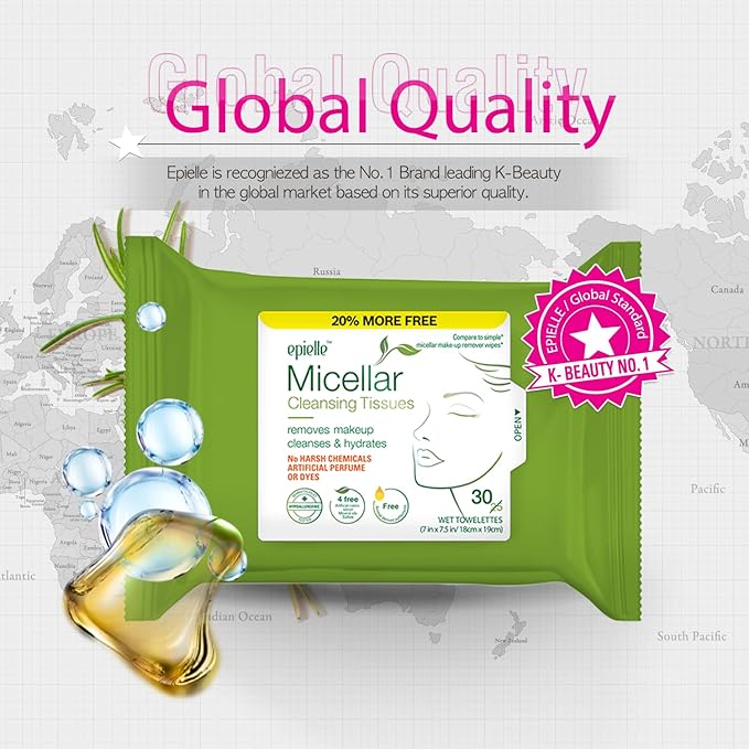 Epielle Micellar Makeup Remover Wipes, Gentle & Hydrating Daily Facial Cleanser Towelettes, Remove Dirt, Oil, Waterproof Mascara, Hypoallergenic & Alcohol-Free, 30 Count (Pack of 4)