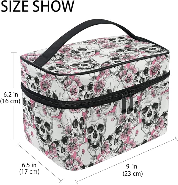 Makeup Bag, Halloween Skull Flowers And Pink Cherries Travel Makeup Organizer Bag Cosmetic Cases Toiletry Bags for Girl Women Ladies
