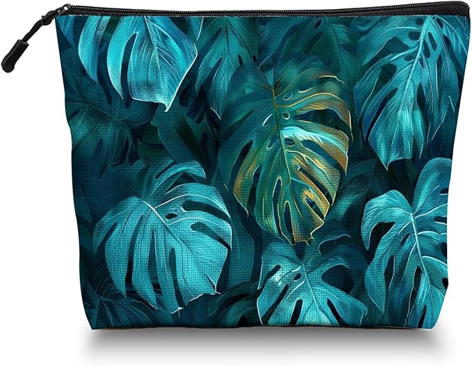 Cosmetic Bags Travel Makeup Toilet Case Waterproof Pouch for Women Girls 6.7X9.45inches - Tropical Monstera Leaves in A Deep Teal Hue