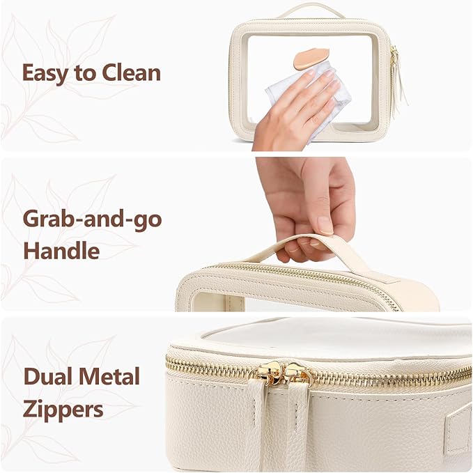 PACKISM Medium Clear Makeup Bag - PU Leather Clear Travel Bags for Toiletries Car Bag for Essentials, with Message Card Cosmetic Bags Makeup Case for Women Gift (Cream Medium)
