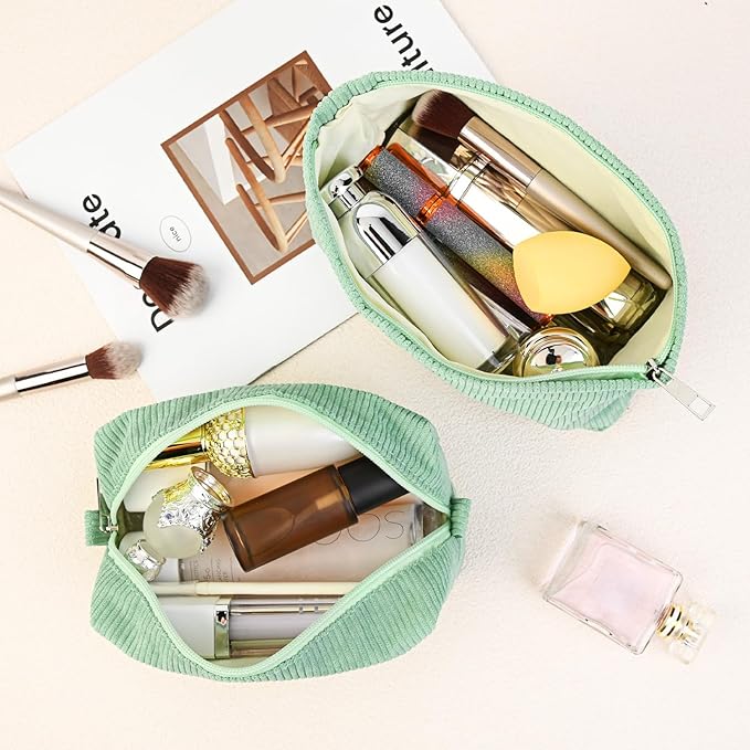SOIDRAM 2 Pcs Corduroy Makeup Bag Large Cosmetic Bag Toiletry Bag Makeup Pouch Travel Bag Organizer Cute Makeup Brushes Aesthetic Accessories Storage Bag for Women Green