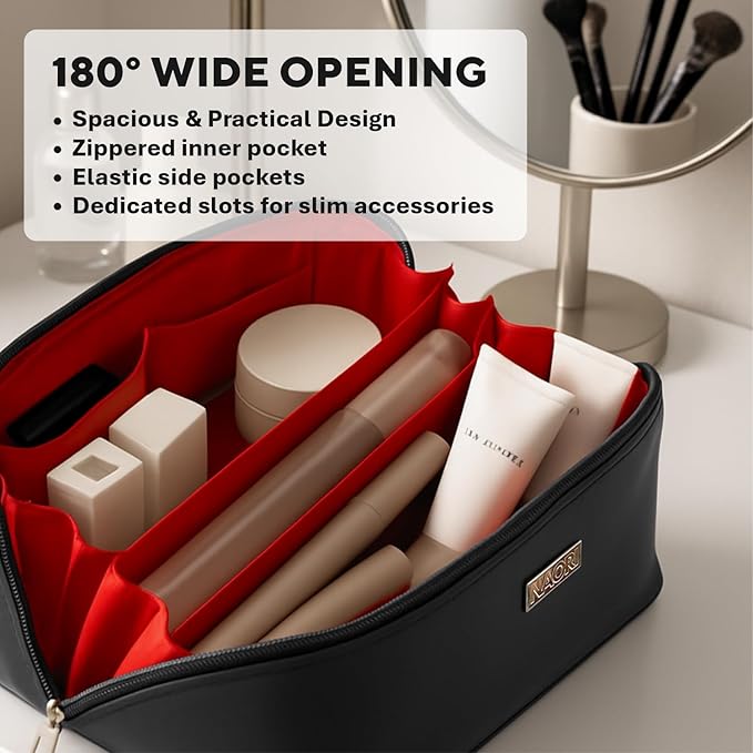 NAORI Travel Makeup Bag for Women | Large Luxury Cosmetic Organizer with Handle & Inner Pockets | Waterproof Leather Toiletry Bag | Makeup Case for Home, Travel & Gifting (Elegant Black)