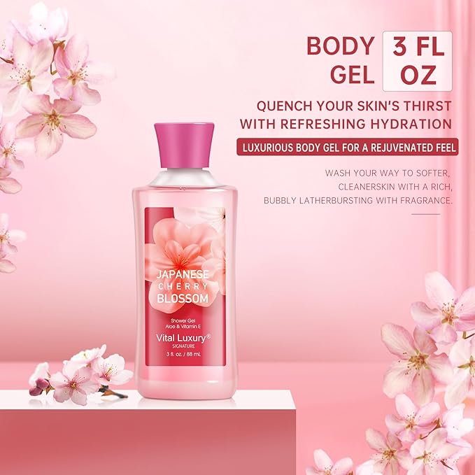 Japanese Cherry Blossom Spa Gift Set for Women and Girls, Bath and Body Care Kit with Gel, Lotion, Mist, Travel Size, with Natural Extracts - Body Care Kit for Birthday, Mother's Day, Christmas Gifts