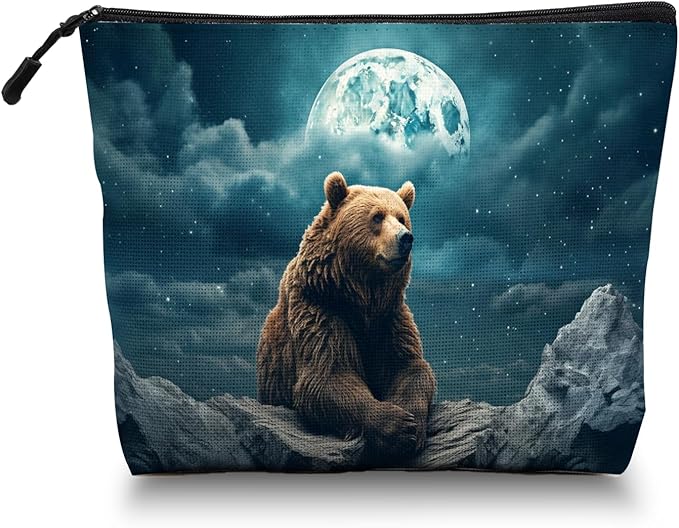 Cosmetic Bags Travel Makeup Toilet Case Waterproof Pouch for Women Girls 6.7X9.45inches - Brown Bear on Rock Under A Starry Sky And Moon