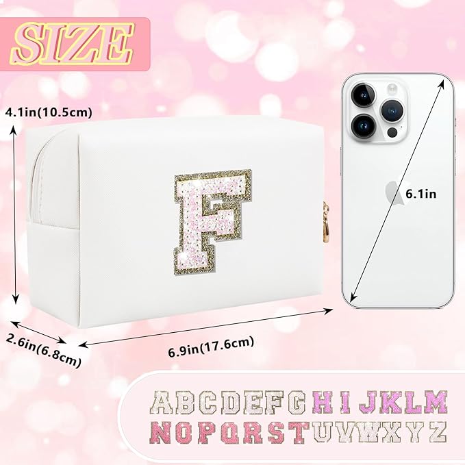 Personalized Initial Letter Makeup Bag, Preppy Glitter Letter Patch Cosmetic Pouch Zipper,PU Waterproof Travel Toiletry Bag Cute Makeup Organizer Monogrammed Make Up Bag,Gift for Women Girls(Letter F)
