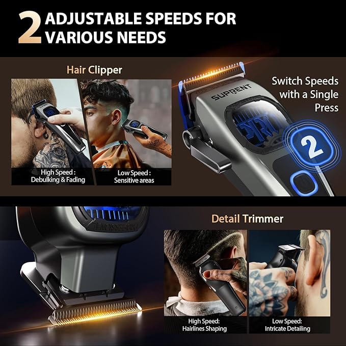 SUPRENT Professional Hair Clippers for Men - Cordless Barber Clippers & Zero-gapped Trimmer Set, Haircutting Kit with 10000 RPM Motor Speed, Blue Titanium-Coated Blades, Charging Stands (Gray)