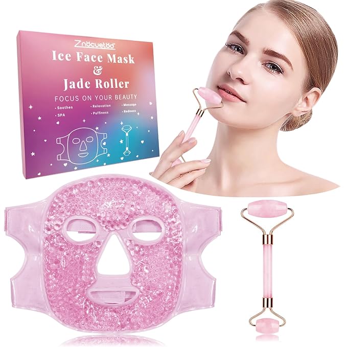 ZNÖCUETÖD Ice Face Facial Jade Roller and Ice Face Mask Cold Cooling Gel Mask Gift Set for Women Aging Wrinkles Lifting Firming Puffy Eyes, Eye Face Neck Roller Massager SPA Tools