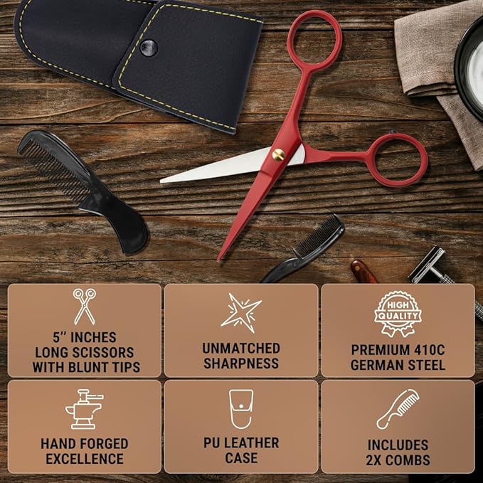 Ontaki Beard Scissors & Mustache Scissors - 5-Inch, True Red - German High-Carbon Steel Bevel Edge - Grooming Kit with Beard Comb & Mustache Comb & PU Leather Pouch - Facial Hair Grooming for Men