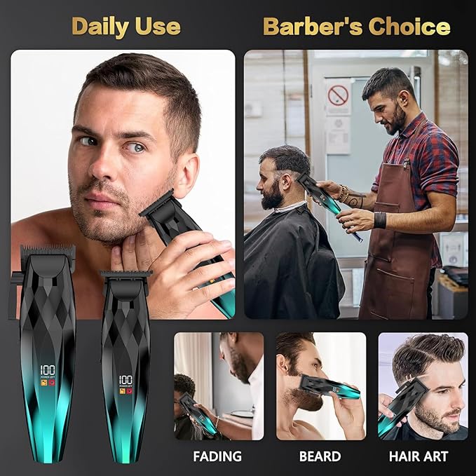 2-in-1 Professional Hair Clippers Set,Cordless Hair Clippers and T-Blade Trimmer Kit for Men,LCD Display,USB Rechargeable,Adjustable Guards,Waterproof,Beard & Body Grooming Kit (Green)