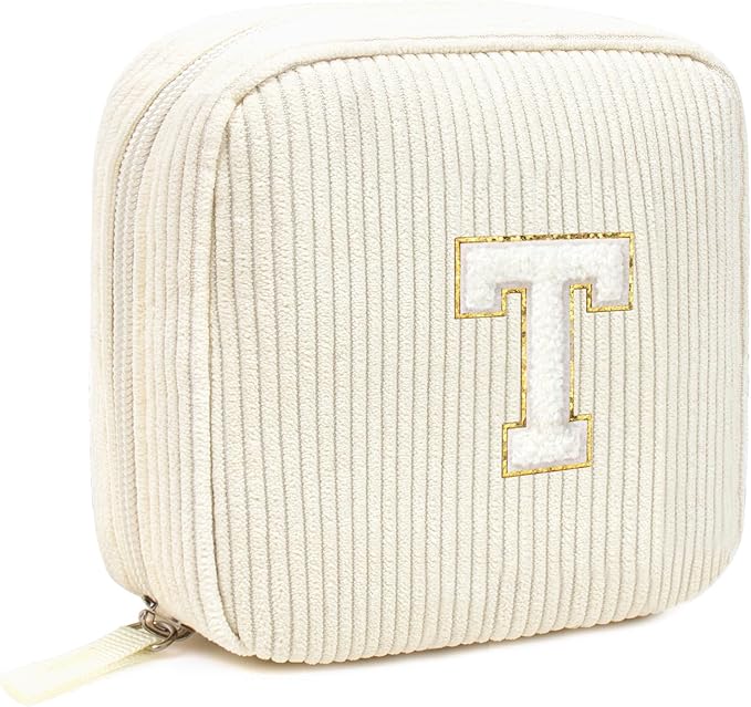 LETGO Birthday Gifts for Women Small Personalized Initial Monogram Makeup Bag,Preppy Corduroy Makeup Bags Travel Toiletry Bag Cute Pouch Purse for Her Mom Girlfriend Wife Sister Teacher Bridesmaid