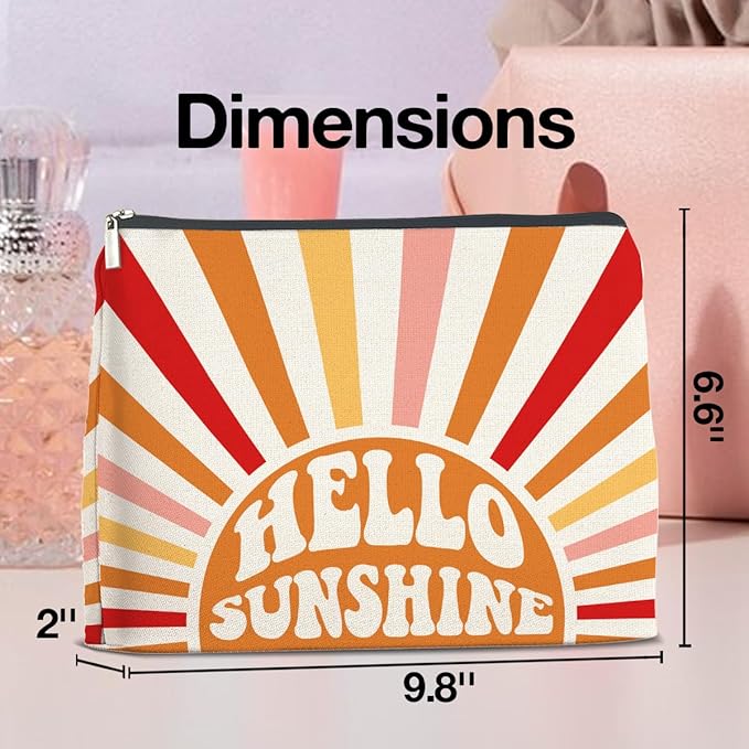 Inspirational Gifts Hello Sunshine Makeup Bag, Positve Gifts for Women, Boho Sunrise Sunshine Zipper Makeup Pouch