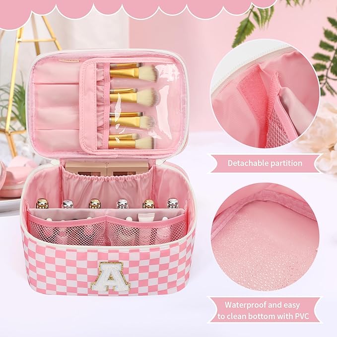 OCHEAL Makeup Bag for Women, Monogram Cosmetic Bag with Brush Holder, Pink Travel Makeup Case Beauty Toiletry Bag Organizer Personalized Gifts for Girls Teens Bridesmaid Sister Wife Friends Initial A