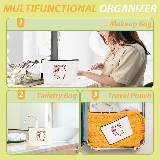Initial Makeup Bag Monogram Cosmetic Bag Monogrammed Gifts for Women Girls Friends Coworker Sisters Personalized Travel Toiletry Bag Christmas Bridal Shower Wedding Bridesmaid Gifts, Cherry C