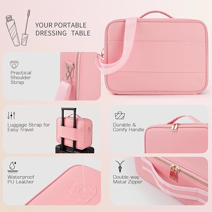 15''X11'' Large Capacity Makeup Bag with LED Mirror, Professional Makeup Case Organizer with 3 Color Light Adjustable Brightness, Travel Make up Cosmetic Case with Detachable Dividers & Shoulder Strap