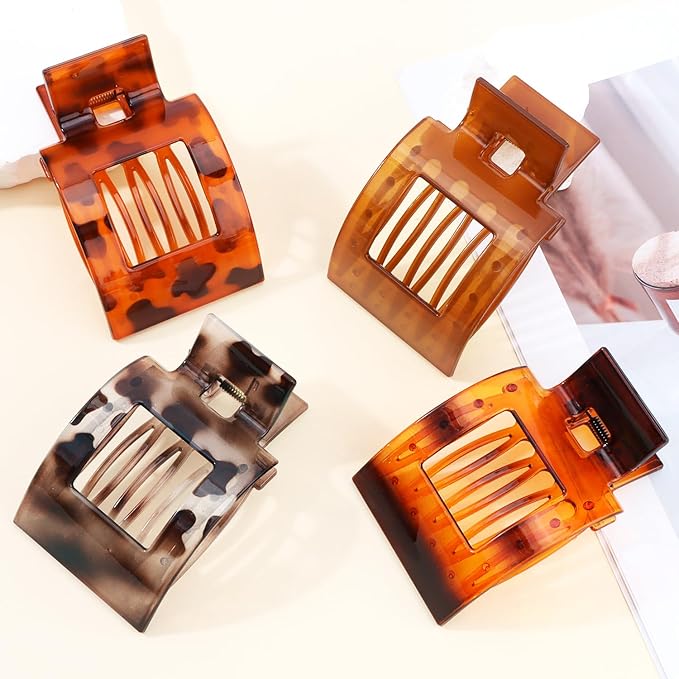 Velscrun Flat Hair Clips for Women Girls, Amber Tortoise Color Lay Flat Claw Clips, Strong Hold Large Hair Clip for Thick Hair, French Duck Billed Hair Jaw Claw Clip, Non Slip Grip for Daily Styling