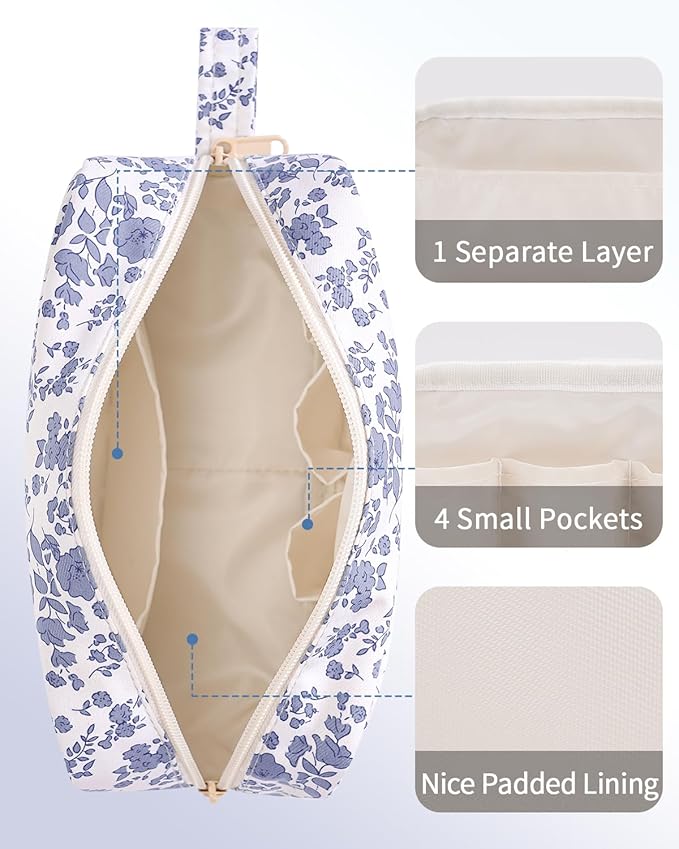 Narwey Cute Makeup Bag Small Toiletry Bag Travel Cosmetic Bag Organizer Make Up Bags with Organized Pockets for Women (Little Grayish Blue Flower, Large)