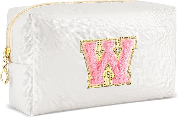 Initial Makeup Bag Personalized Preppy Travel Small Cosmetic Bag Cute PU White Chenille Letter Makeup Pouch for Purse Waterproof Zippered Toiletry Organizer for Women Girls Kids Friends (W)