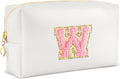 Initial Makeup Bag Personalized Preppy Travel Small Cosmetic Bag Cute PU White Chenille Letter Makeup Pouch for Purse Waterproof Zippered Toiletry Organizer for Women Girls Kids Friends (W)