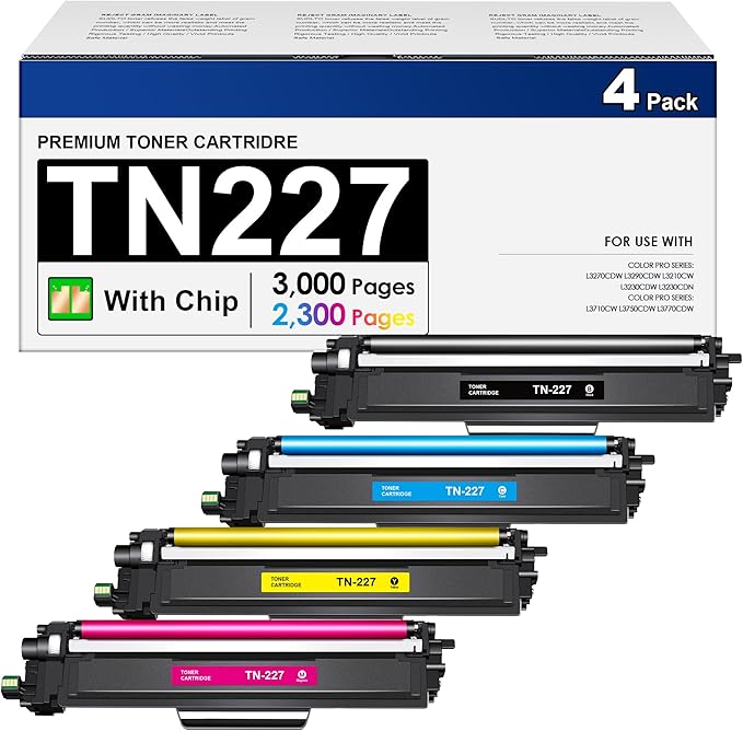 TN227 High Yield Toner Cartridge 4 Pack -Replacement for Brother TN227BK/C/M/Y High Yeild TN223 to use with HL-L3270CDW HL-L3230CDW HL-L3210CW HL-L3290CDW MFC-L3710CDW(4 Pack)