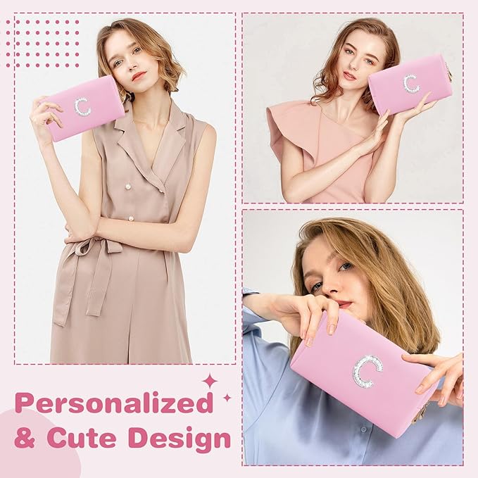 ChaoGreat Bride Gifts – Personalized Initial Makeup Bag with Pearl Rhinestone Patch, Preppy Pink Monogram Cosmetic/Toiletry Pouch, bridesmaid Gifts, Bridal Shower Gifts, Wedding Gifts, Bridal Gifts,C
