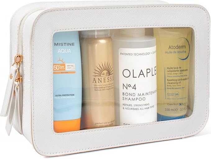 Clear Makeup Bag, Travel Cosmetic Case Toiletry Bag Make up Organizer Skincare Pouch for Women, Car Essentials Bag with Clear Windows (White, Standard)