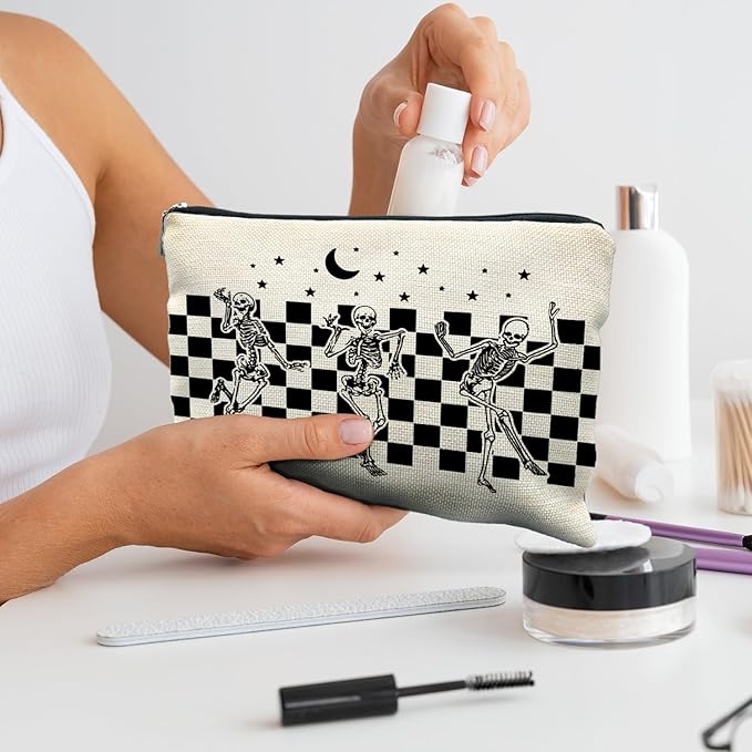 Funny Gothic Skeleton Makeup Bag - Halloween & Witchy Pouch for Women - Dark Academia & Horror Design (White)