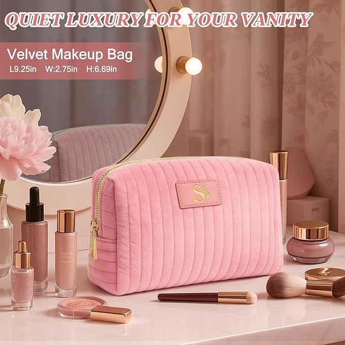 Monogrammed Make Up Bags for Women,Personalized Cosmetic Bags Women,Small Quilted Makeup Pouch,Cute Makeup Bag Travel,Birthday Gifts for Teen Girl (Pink S)