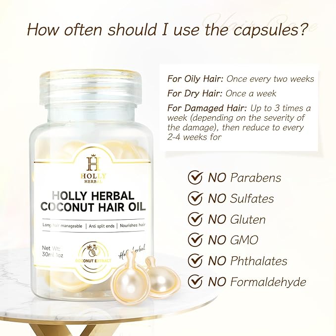 HOLLY HERBAL Coconut Hair Serum Capsules - 6 Nourishing Oils | Jojoba, Olive, Macadamia - Lightweight, Split Ends Repair & Frizz Control, Moisturizing No-Rinse Hair Treatment (30 Count)
