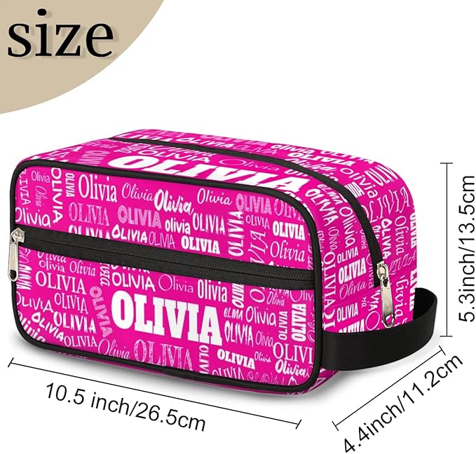 Personalized Travel Cosmetic Bag Waterproof Makeup Bags, Custom Name Rosy Pink Organizer Case Toiletries Container Bag