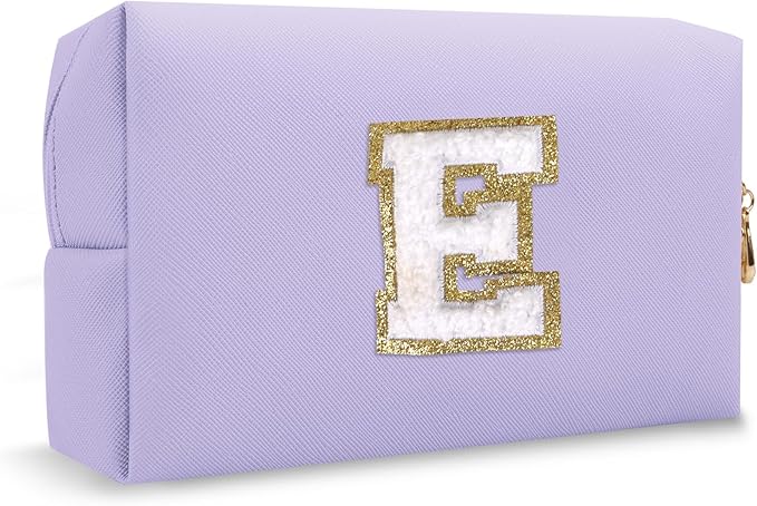 Personalized Chenille Letter Preppy Makeup Bag, Small Purple Initial Cosmetic Organizer Toiletry Zipper Pouch Monogram Make Up Storage, Waterproof PU Make Up Case Travel Essentials for Women(Letter E)