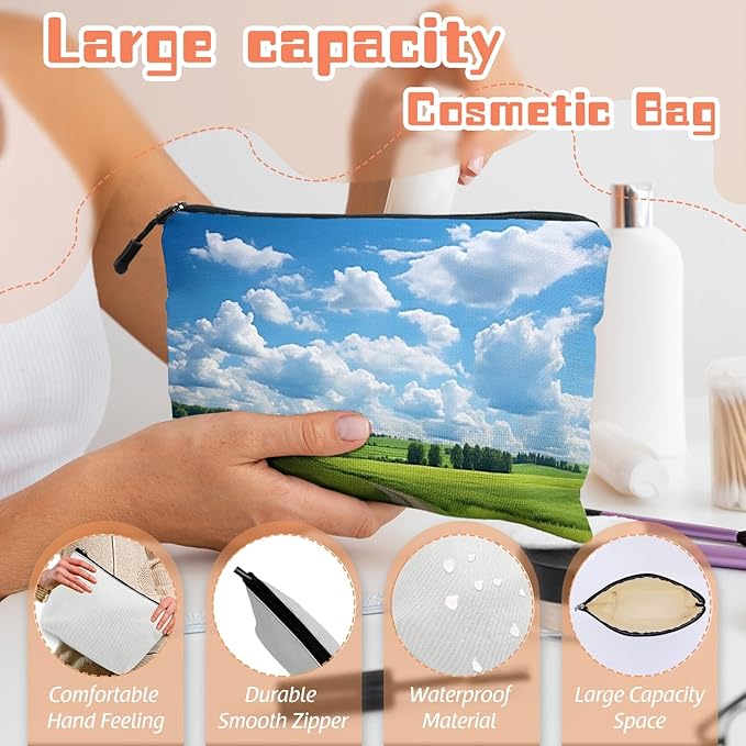 Cosmetic Bags Travel Makeup Toilet Case Waterproof Pouch for Women Girls 6.7X9.45inches - Green Field With A Winding Dirt Road Under Blue Sky