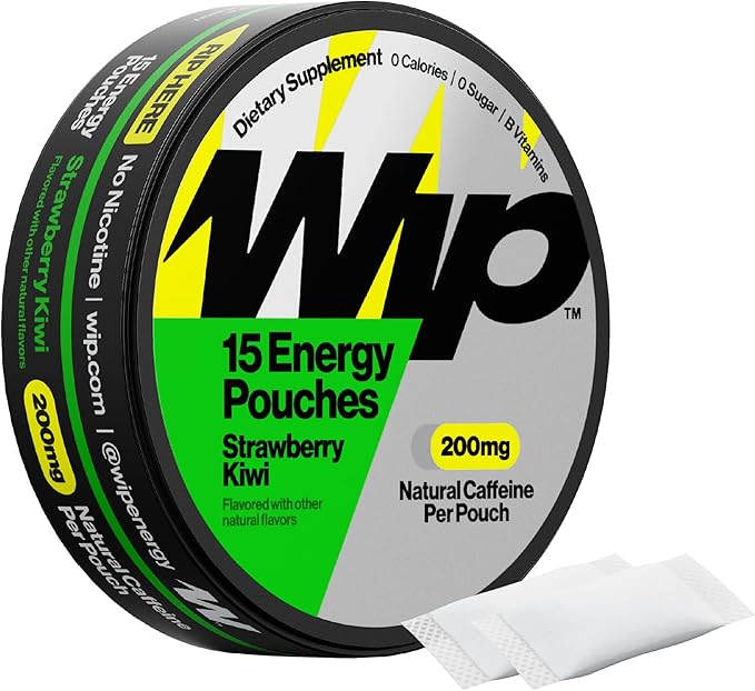 Wip Energy Pouches | 200mg Natural Caffeine | Vitamins and Minerals | Strawberry Kiwi | 15 Pouches Per Can | 1 Can