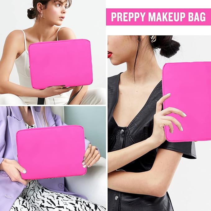 Nylon Large Makeup Bag Travel Cosmetic Bag Pouch, Preppy Big Makeup Bag Cute Cosmetic Zipper Pouch Purse, Waterproof Toiletry Bag Clutch Makeup Organizer Travel Essentials for Women Girls(Hot Pink)