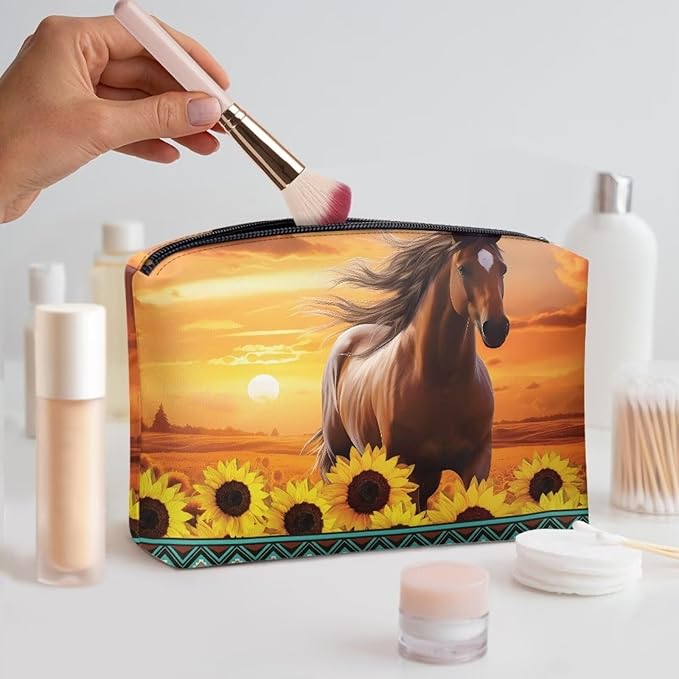 COEQINE Sunflower Western Cosmetic Purses for Women Weddings Western Cosmetic Pouch With Cute Horse And Sunset Print Mini Makeup Bag Travel Wedding Partry Purse With Zipper