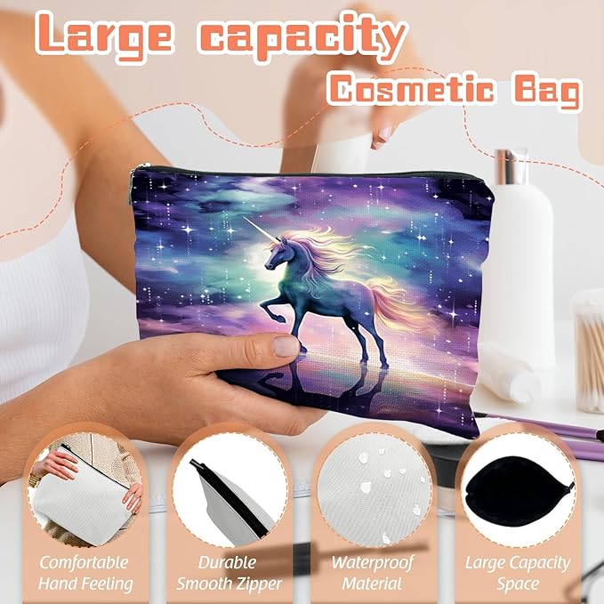 Makeup Bag Travel Cosmetic Bags Small Makeup Case Waterproof Zipper Pouch for Women Girls 7X9inches - Unicorn in A Starry And Cloudy Background