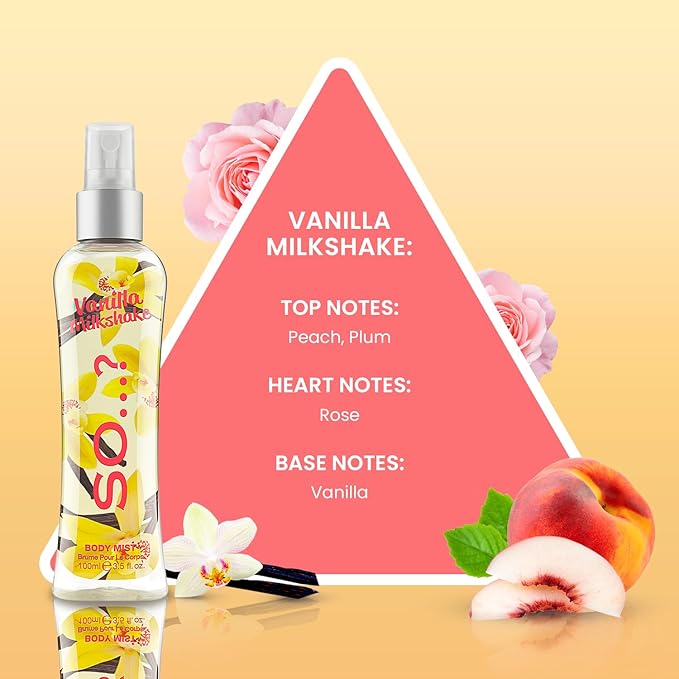 So...? Vanilla Milkshake Body Mist - Vanilla Perfume with Peach, Plum, Rose Notes - Ideal Gifts for Women - Long-Lasting Perfume for Women - 3.5 oz
