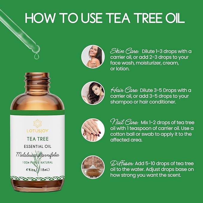 Tea Tree Oil for Skin, Hair, Nails, Shampoo, Body Wash, Foot Soak, Spray - 4 Oz Tea Tree Essential Oil with Roll On Bottle