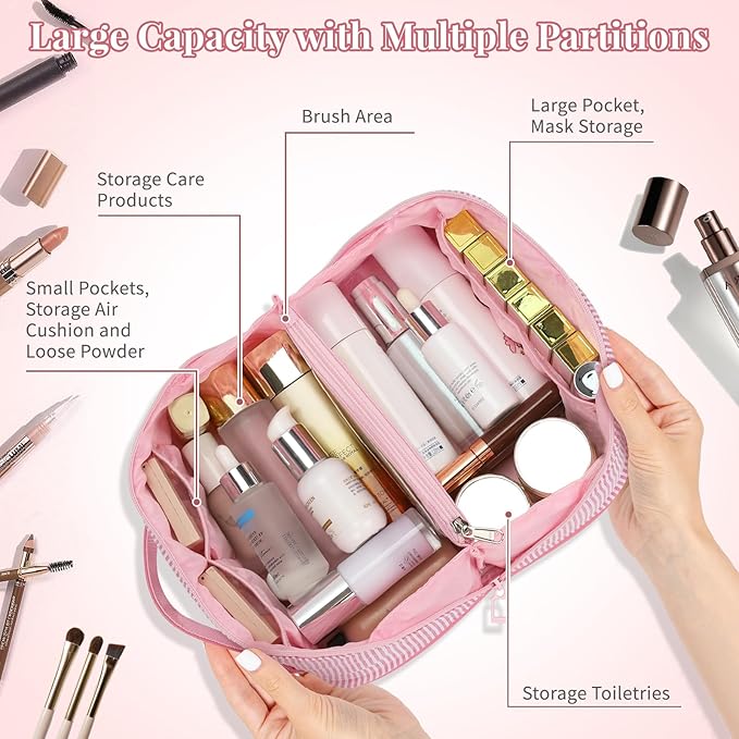 Travel Makeup Bag for Women, 2Pcs Portable Personalized Initial Makeup Organizer Bag, Open Flat Large Cosmetic Bag With Travel Essential Pouch (Pink Letter B)