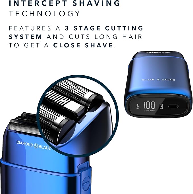 Blade & Stone PS501 Foil Shaver for Men – Dual Foil Cordless Shaver with Graphene-X Blades and 8000 RPM Digital Motor – All-Metal, Rechargeable Wet and Dry Razor – Big Blue