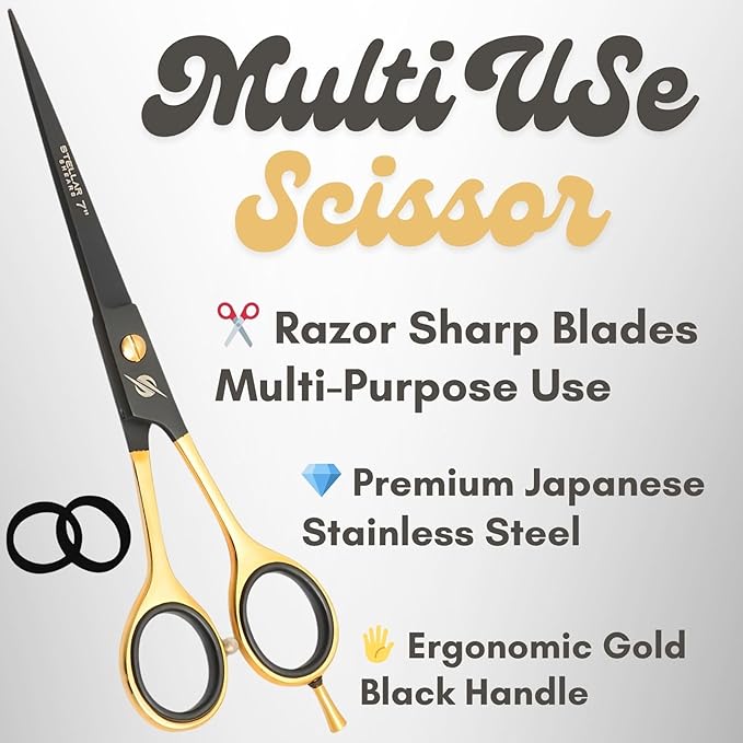 Professional Barber Hair Cutting Scissors 7.5” – Premium Japanese Stainless Steel Hair Shears with Razor Edge Blades – Salon & Home Haircut Scissors for Men, Women, Kids & Pets – Black Gold Series