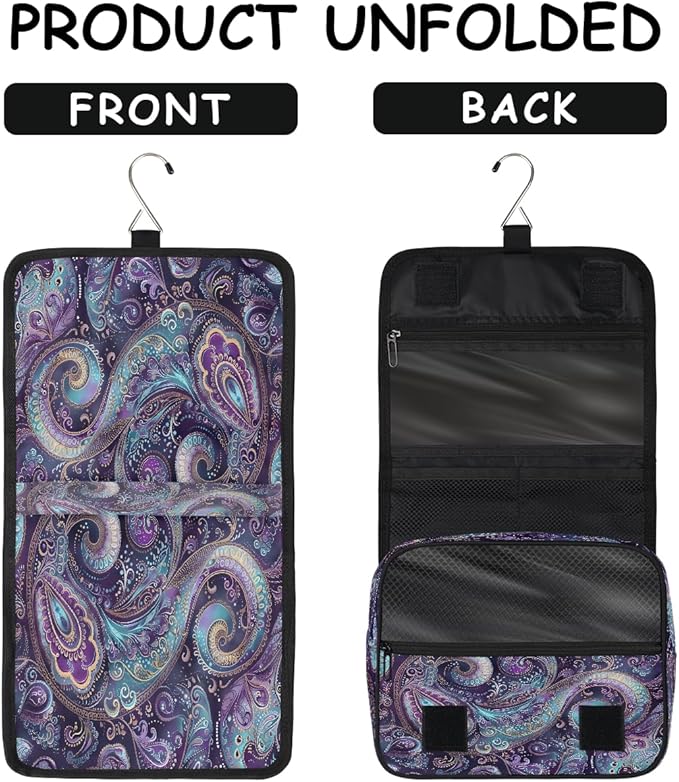 Travel Toiletry Bag for Women & Men Ethnic Purple Paisley Hanging Cosmetic Organizer Portable Waterproof Makeup Case Make Up Bag with Compartments Travel Essentials for Bathroom Shower