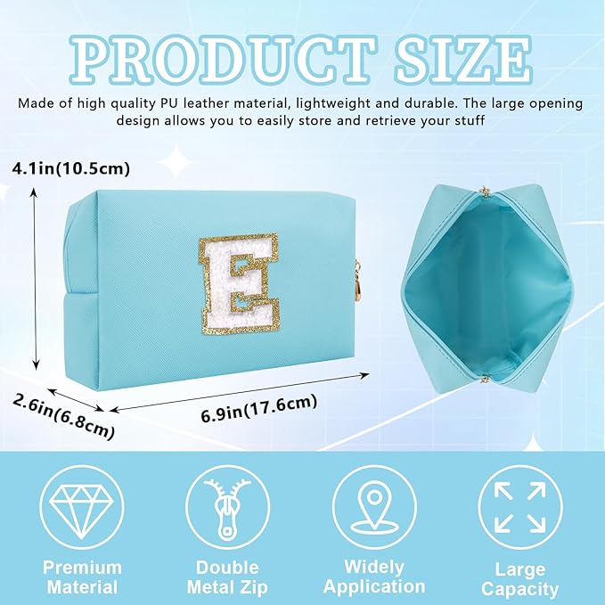 Personalized Initial Letter Patch Makeup Bag, Preppy Portable Chenille Letter Cosmetic Bag with Zipper, PU Leather Waterproof Travel Toiletry Bag Monogram Make Up Pouch for Women Girls