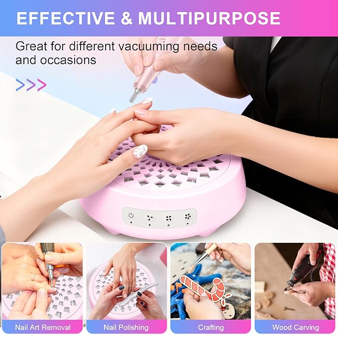 Professional Nail Dust Collector, Quiet Nail Vacuum Cleaner Machine with Reusable Filter, Powerful Suction Nail Tech Dust Fan for Acrylic Gel Nails Art Polishing, Manicure Pedicure Salon Home, Pink