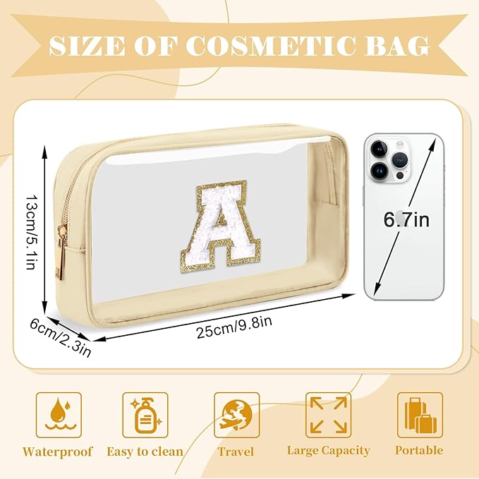 Personalized Initial Letter Clear Makeup Bag,Preppy Small Nylon&PVC Cosmetic Zipper Bag with Chenille Letter,Portable Beach Travel Skincare Toiletry Bag,Trendy Monogram Gift for Teen Girls Women,A