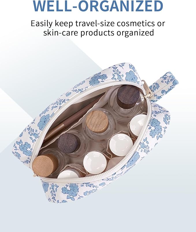 Narwey Small Makeup Bag for Purse Travel Makeup Pouch Mini Cosmetic Bag Zipper Pouch for Women (Little Blue Flower, Small)