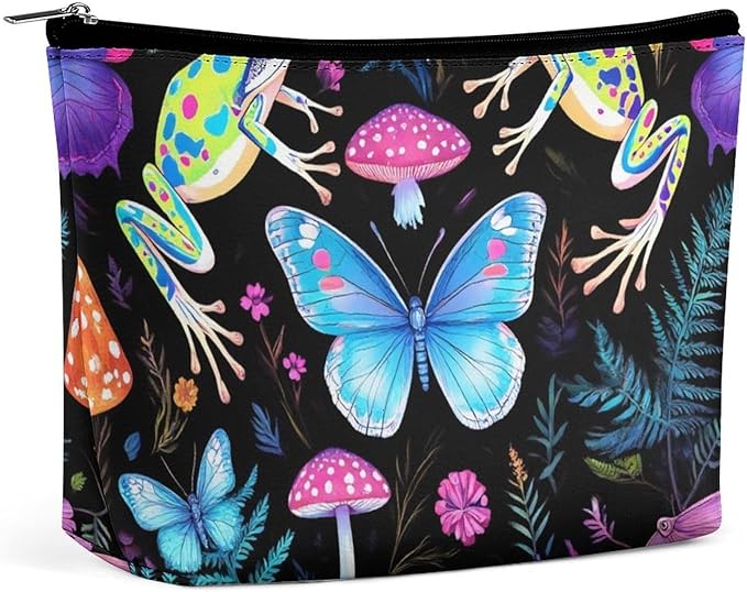 Small Zipper Cosmetic Case, Portable Makeup Case, Toiletry Bag, Travel Cosmetic Toiletry Bag Goth Moon Frogs Moth Butterfly Magical Mushroom Leaves