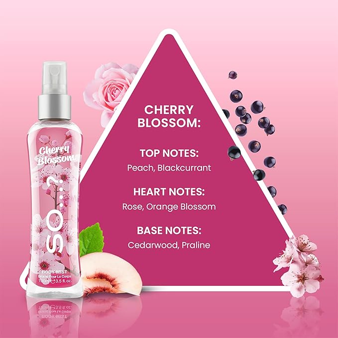 So…? Cherry Blossom Body Mist Floral Perfume for Women - Peach, Rose, Cedarwood Notes - Body Spray - Gifts for Women - 3.5 oz