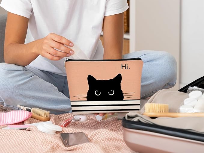 Cute Cat Cosmetic Bag, Black Kitty Gifts for Cat Lovers, Makeup Pouch for Women (Peach-1)