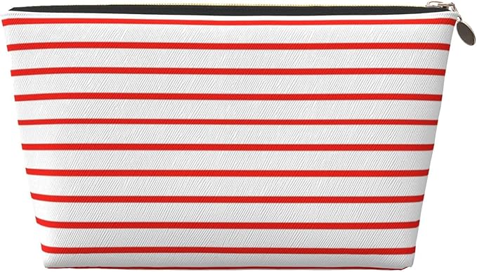Womens Leather Makeup Bag Cosmetic Bag Travel Toiletry Bags Make Up Bags for Women Adult (White Red Line 2)