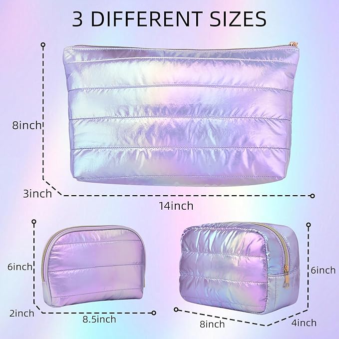 Hiroyuki Iridescent Quilted Makeup Bag, 3pcs Cute Makeup Bag Set, Large Capacity Cosmetic Organizer Travel Toiletry Pouch (plain, purple)